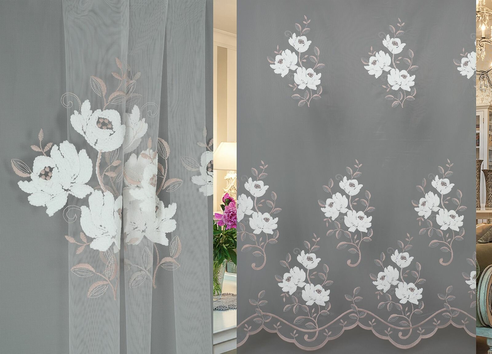 фото Тюль сетка броде 113887 белый с розовым рисунком 280 см