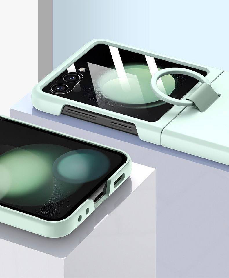 Чехол для Samsung Galaxy Z Flip 6 (Самсунг Галакси Зет Флип 6) с кольцом и защитой внешнего дисплея, зеленый — фото 1