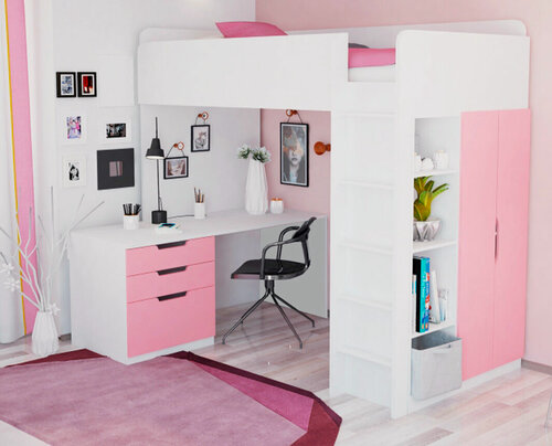 Изображение товара Кровать-чердак Polini Simple с письменным столом и шкафом Белый Розовый