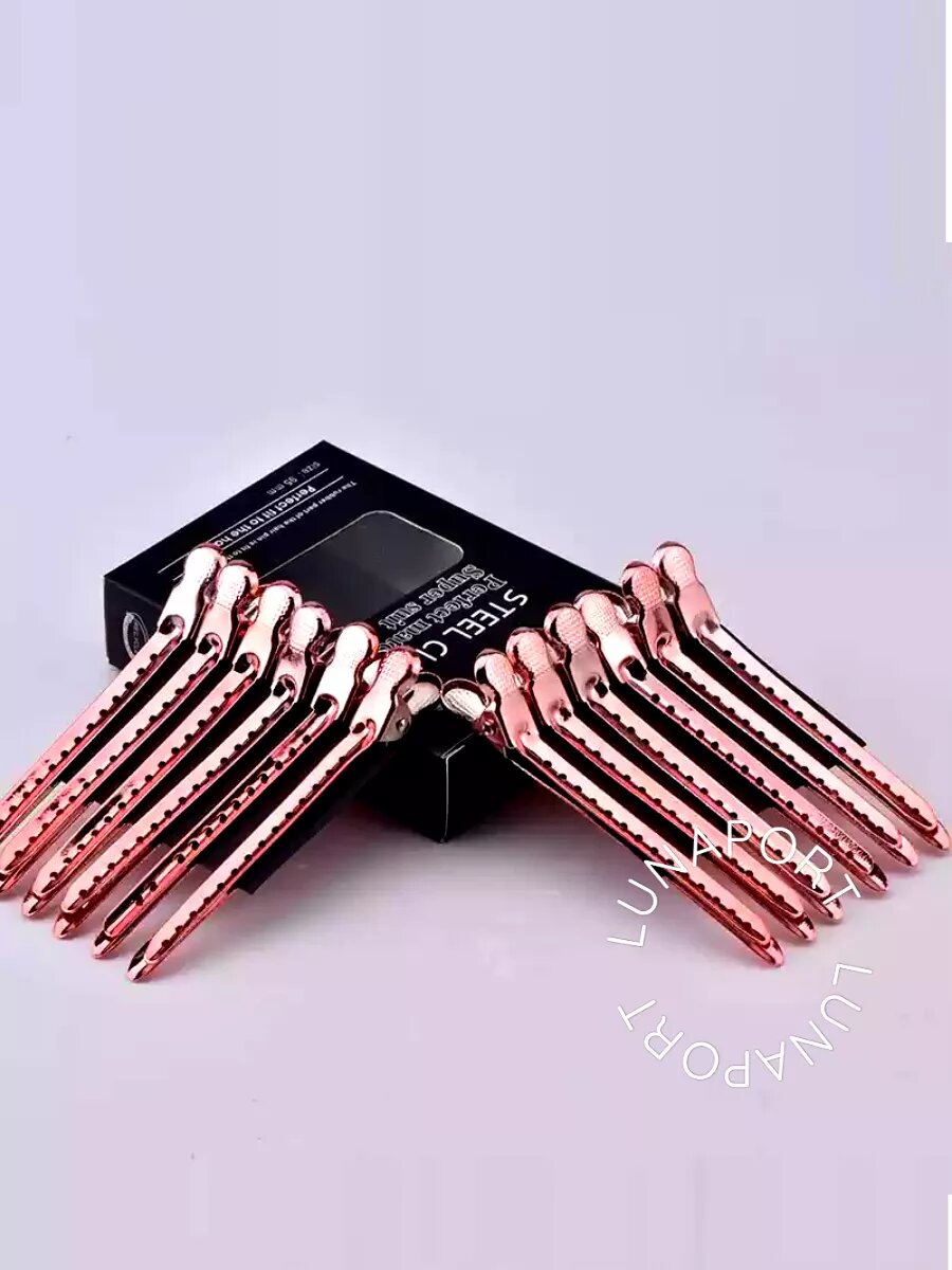 Парикмахерские зажимы для волос Lunaport, металлические, длина 9,5 см, 12 штук, розовое золото — фото 1