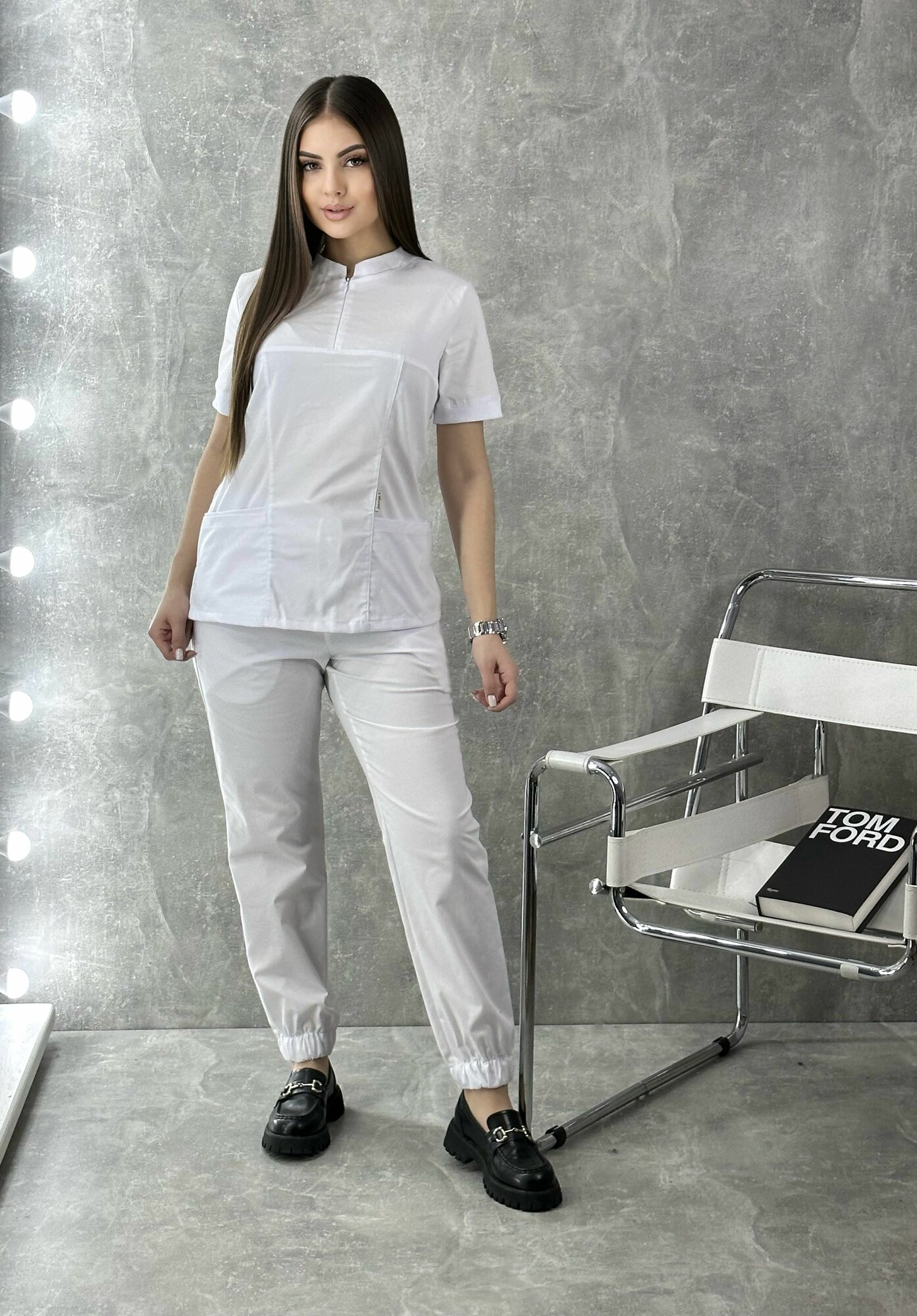 Рабочий Костюм Лидер из Спандекс. Универсальный медицинский костюм женский из брюк и блузки для косметолога, врача стоматолога. Спецодежда для поликлиник, пищевой сферы и салона красоты