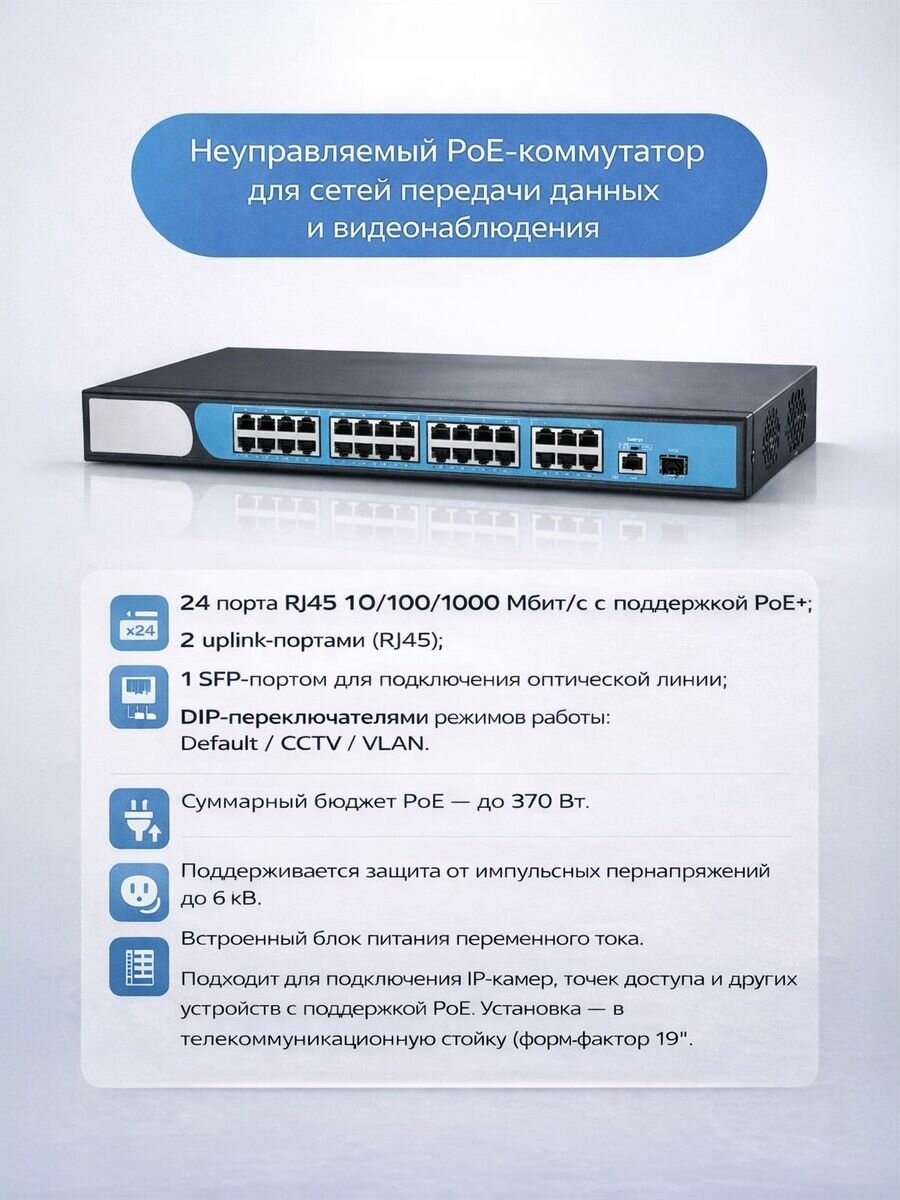 PoE-коммутатор CYONICE S100-24FTP2GT1GP: 24 10/100 PoE + 2 1 Гбит/с + 1 SFP uplink