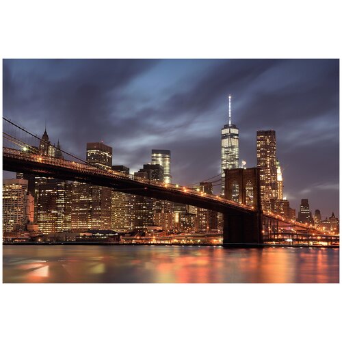 Фотообои Уютная стена Бруклинский мост на фоне ночных небоскребов, Манхэттен, Нью-Йорк, США 400х270 см Бесшовные Премиум (единым полотном) фотообои уютная стена бруклинский мост ночью нью йорк манхэттен сша 480х270 см бесшовные премиум единым полотном