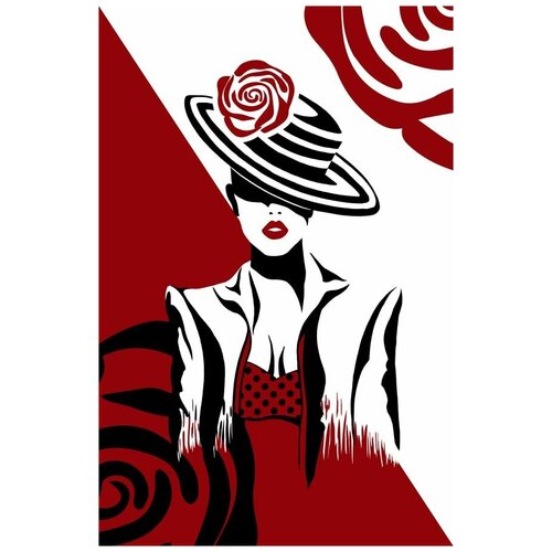 Фотообои Уютная стена Дама в шляпе с красной розой 180х270 см Виниловые Бесшовные (единым полотном)