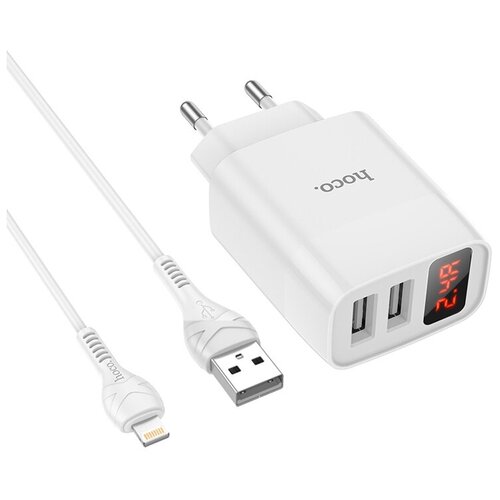 фото Зарядное устройство hoco c86a illustrious 2*usb + кабель usb-lightning, 2.4a, белый, с дисплеем