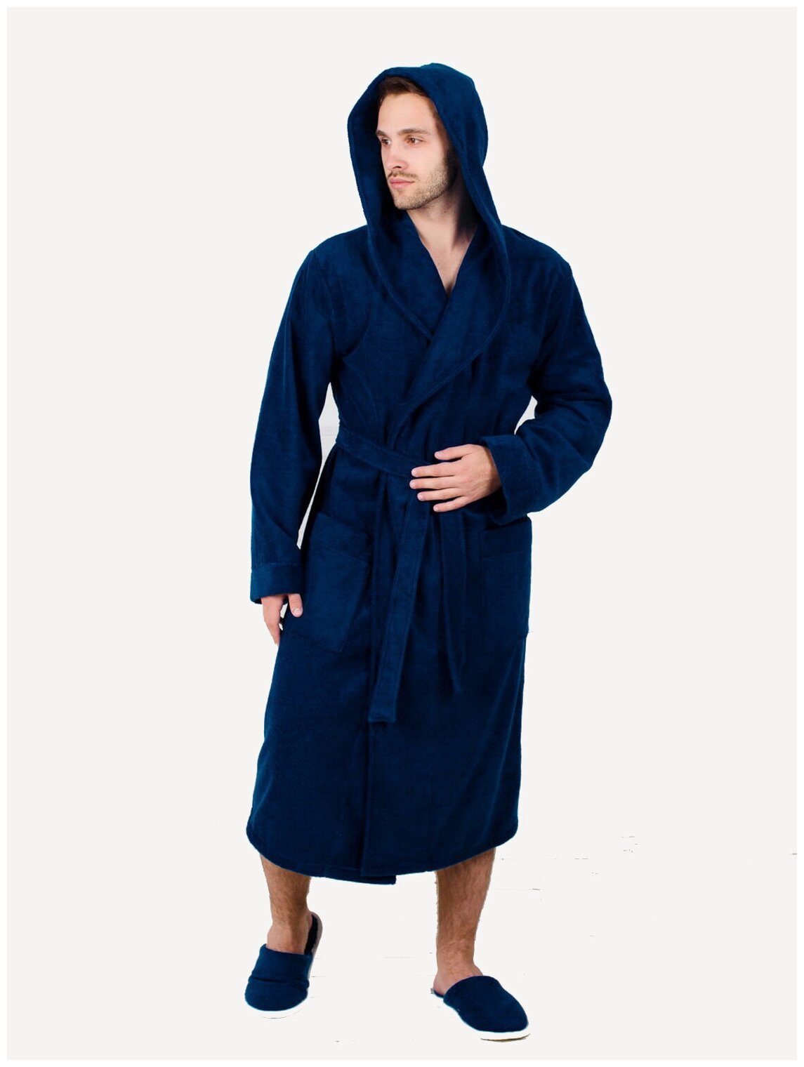 Мужской махровый халат с капюшоном, темно-синий