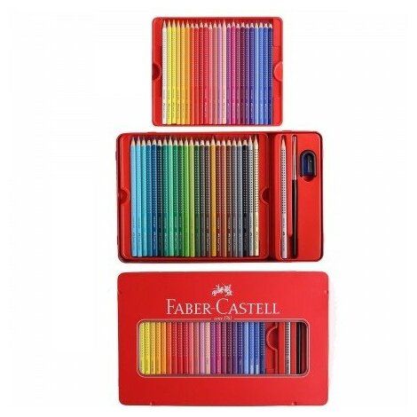Набор подарочный Faber-Castell цветных карандашей Grip 2001 в металлической коробке с окошком 48 шт. +1 чернографитовый карандаш Grip 2001+1 кисточка+1 точилка - фото №3