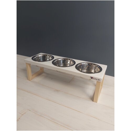 Миска для кошек. Миска для собак, на деревянной подставке 3 х 370мл. ТМ Pepilota - Шпиц. Высота 14см. ц.Белый