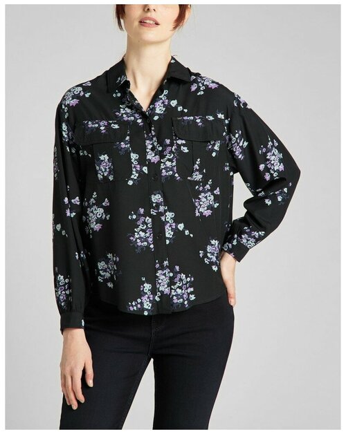 Рубашка  Lee, длинный рукав, карманы, манжеты, флористический принт, размер XS, черный