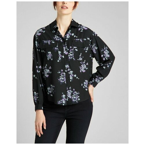 Рубашка  Lee, длинный рукав, карманы, манжеты, флористический принт, размер XS, черный