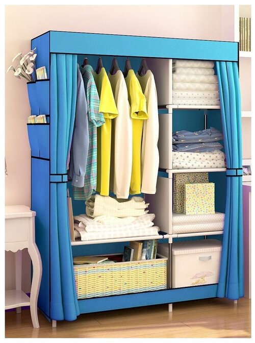 Складной тканевый голубой шкаф для хранения вещей / Большой каркасный светло синий шкаф для одежды, белья, обуви