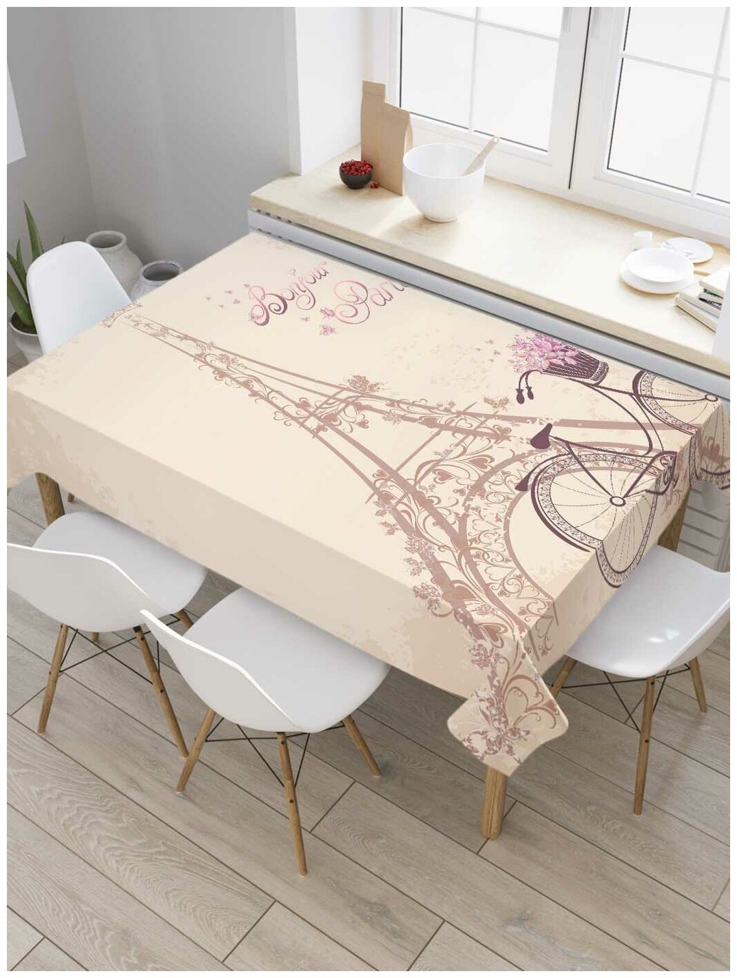 Скатерть прямоугольная JoyArty на кухонный стол "На велосипеде по Парижу" из оксфорда, 120x145 см