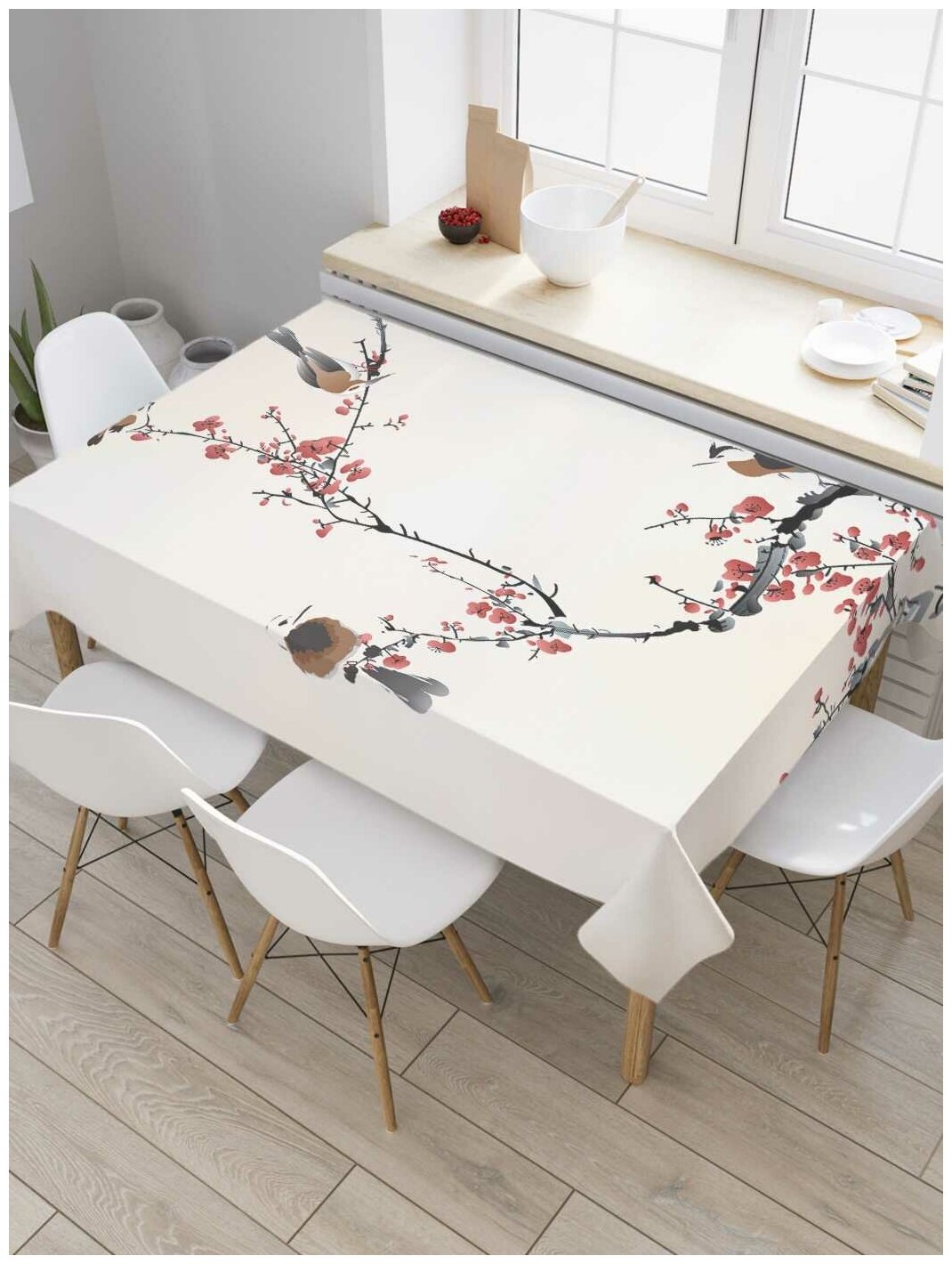 Скатерть прямоугольная JoyArty на кухонный стол "Компания птиц" из оксфорда, 180x145 см