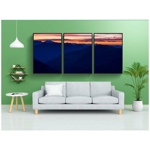 фото Набор модулных постеров для интерьера "закат горы, синий, природа" 60x90 см. в тубусе, без рамки lotsprints