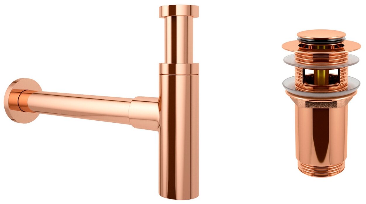 Сифон для раковины Wellsee Drainage System 182122001 в наборе 2 в 1: металлический сифон и донный клапан с переливом в цвете розовое золото