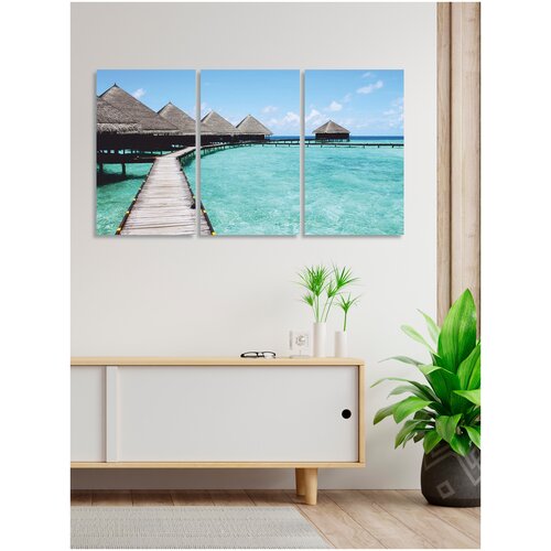 Модульная картина на холсте для интерьера на стену, в спальню, в комнату, в гостиную, триптих из 3 частей Мальдивы, декор для дома