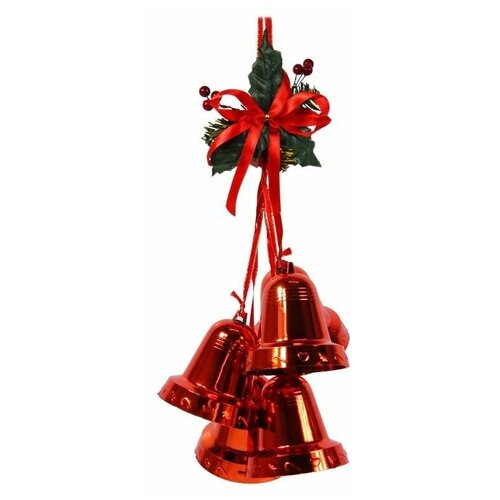 фото Подвеска из пяти колокольчиков с листиками и лентами, красная, 45 см, snowhouse