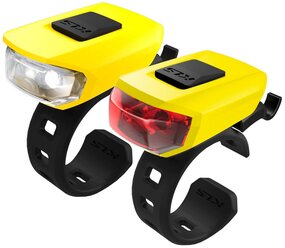 Комплект освещения KLS VEGA жёлтый: 10лм/3лм, 2x LED, режимы: 100% (180ч), 50% (360ч), мигающий (360ч), батарейки 2хCR2032 в компл., универсальное крепление на руль и подс. штырь, влагозащита IPX 4
