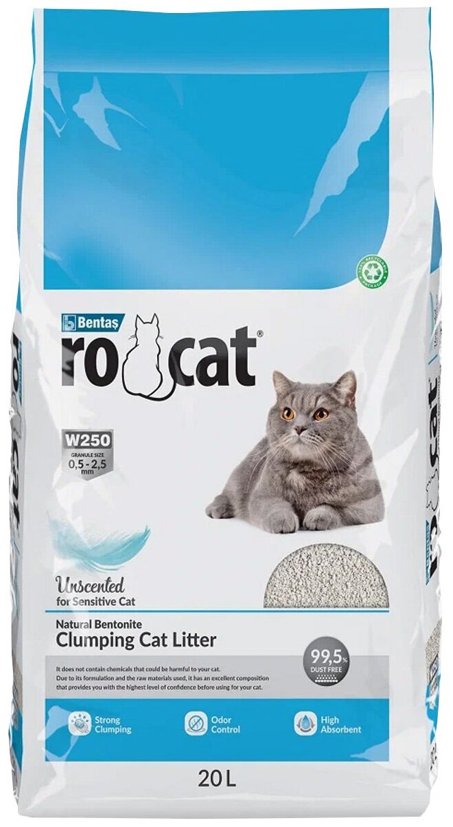 RO CAT NATURAL UNSENTED наполнитель комкующийся для туалета кошек без запаха (20 л)