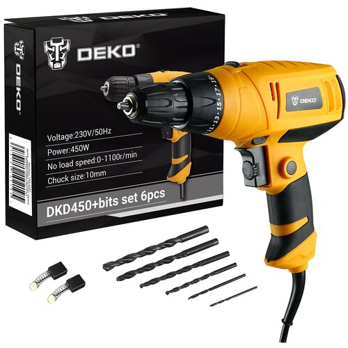 Дрель-шуруповерт сетевая DEKO DKD450набор бит 6 шт 173400₽