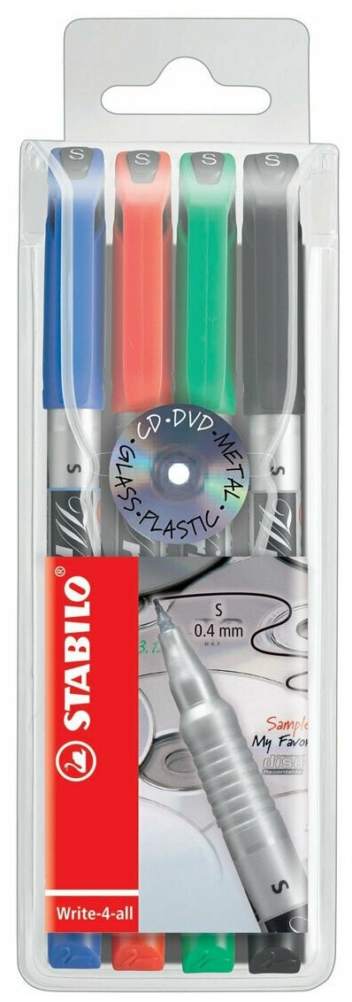 Перманентные маркерные ручки 0,4мм STABILO Write-4-all, 4 цвета