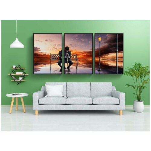 фото Набор модулных постеров для интерьера "человек, скамейка, заход солнца" 60x90 см. в тубусе, без рамки lotsprints
