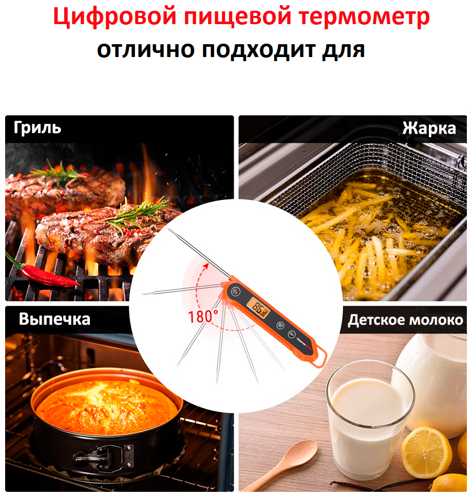 Термощуп складной/ Кулинарный термометр с термощупом/ Термометр для мяса/ ThermoPro TP-03H / Влагозащитный
