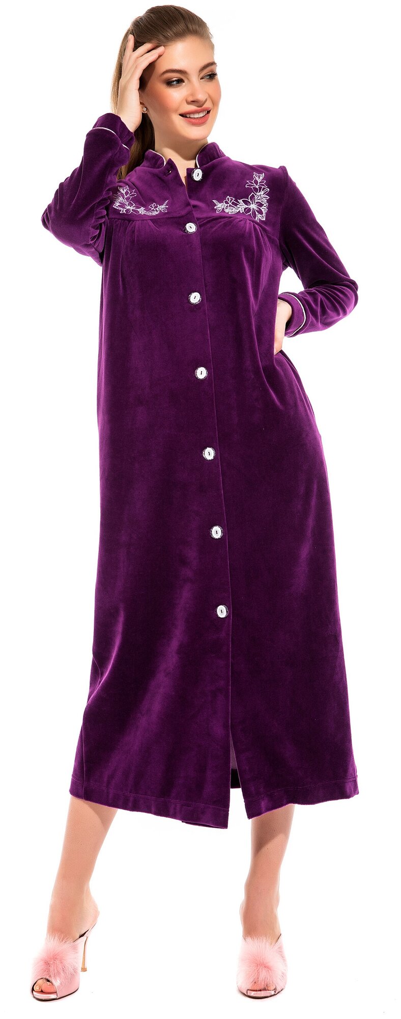 Велюровый халат на пуговицах AURORE (PM France 391) размер L (46-48), фиолетовый - фотография № 2