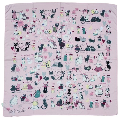 Шелковый платок с кошками, платок с котами - Признания в любви и добрые пожелания, нежно-розовый