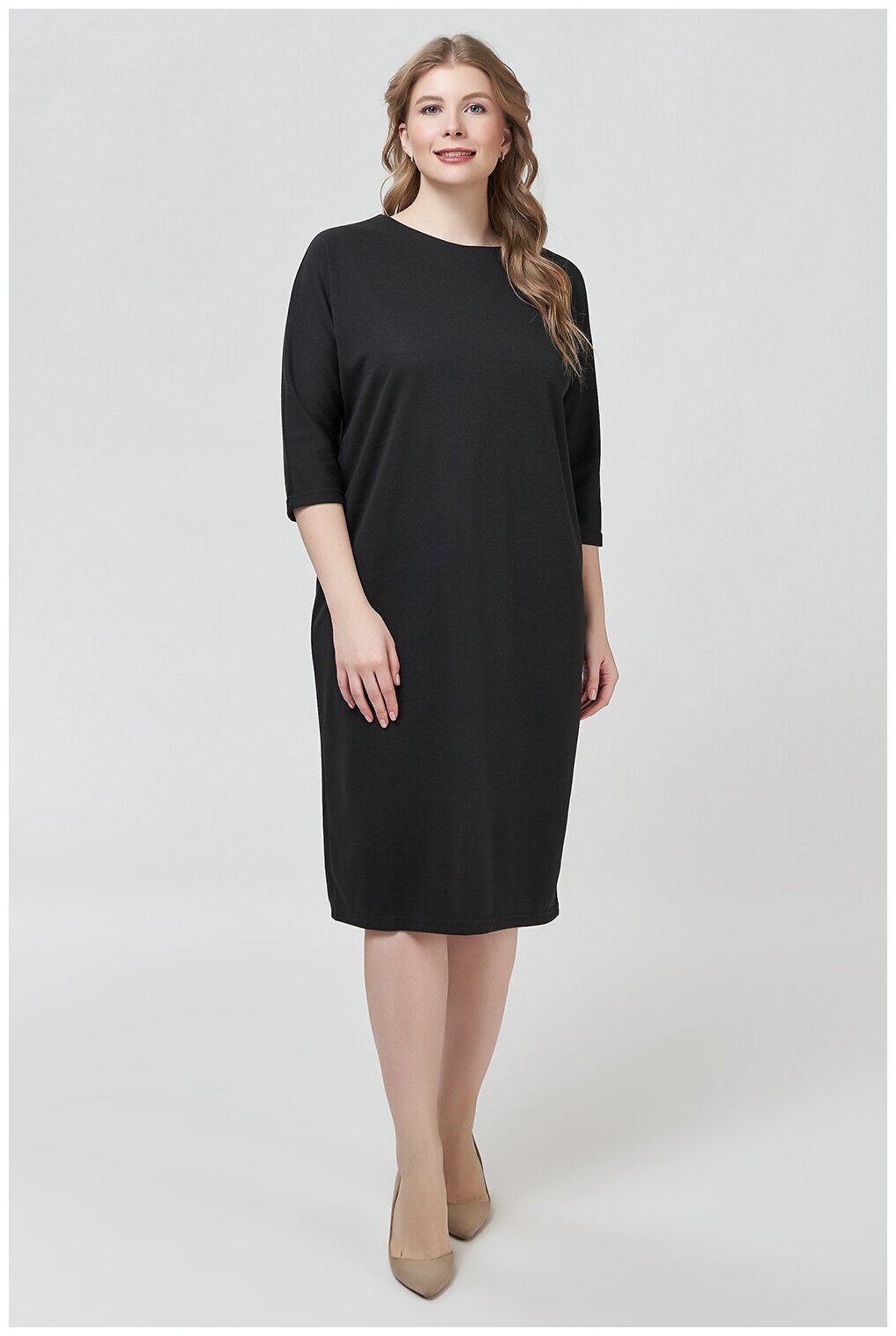 Платье миди классическое черное прямого кроя 3/4 рукав круглый вырез plus size (большие размеры)