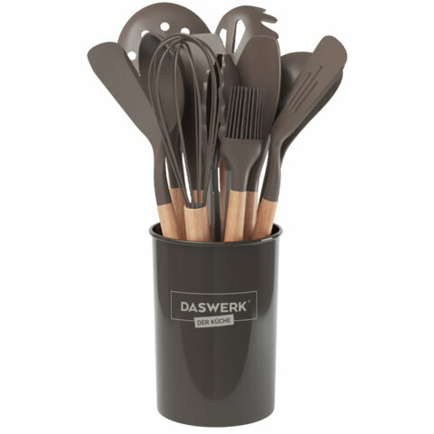 Набор силиконовых кухонных принадлежностей с деревянными ручками 12в1, серо-коричневый, DASWERK