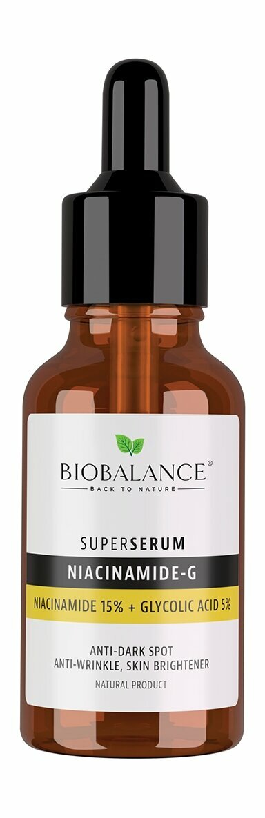 BIOBALANCE Superserum Сыворотка ночная для лица с ниацинамидом и гликолевой кислотой антивозрастная, 30 мл