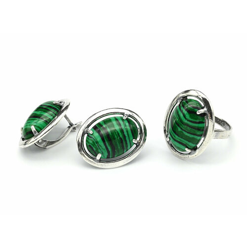 Комплект бижутерии: серьги, кольцо, малахит синтетический, размер кольца 18, зеленый