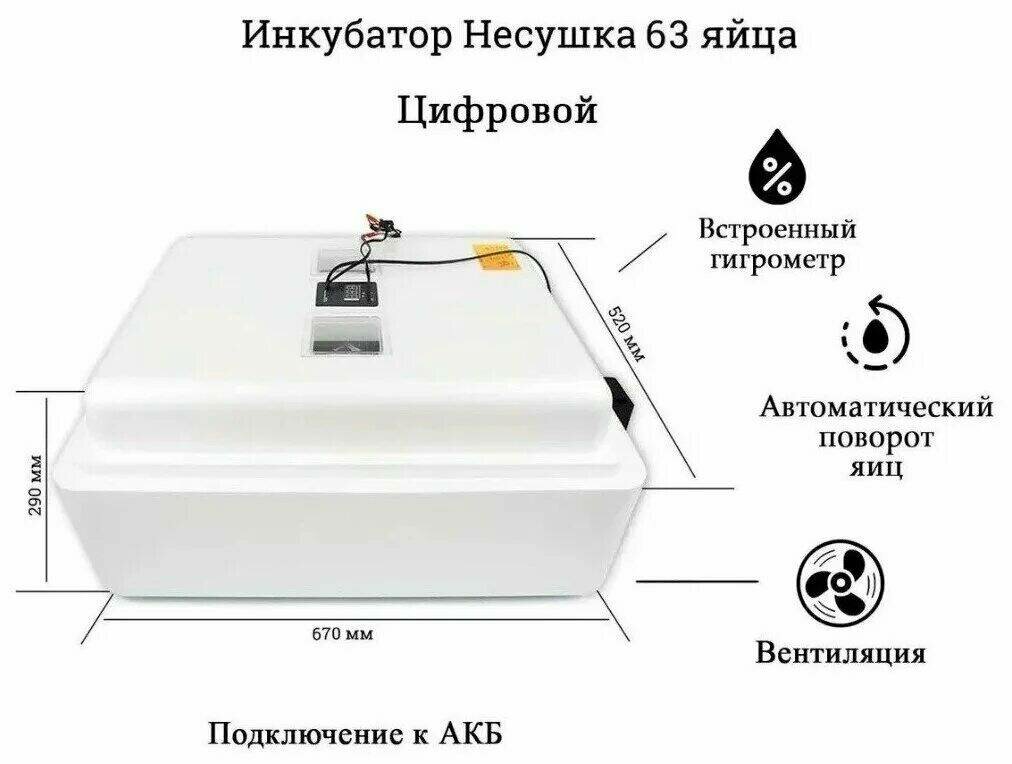 Инкубатор Несушка на 63 яйца автопереворот, цифровой терморегулятор, гигрометр, вентилятор (12/220В) (арт.46вг) — фото 1