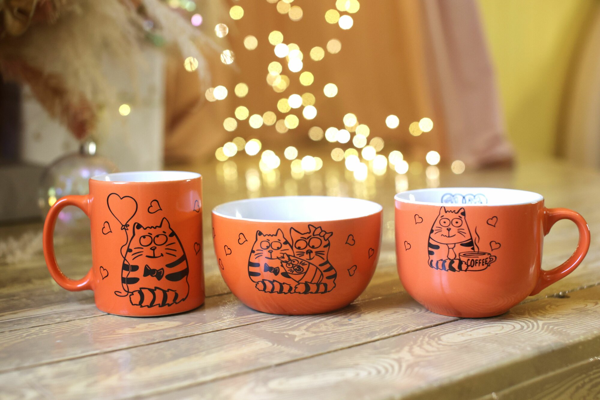 Набор столовой посуды с котами - Чашка 300 мл, кружка 450 мл. и салатник 700 мл. "Коты, котики, котейки" - 3 предмета