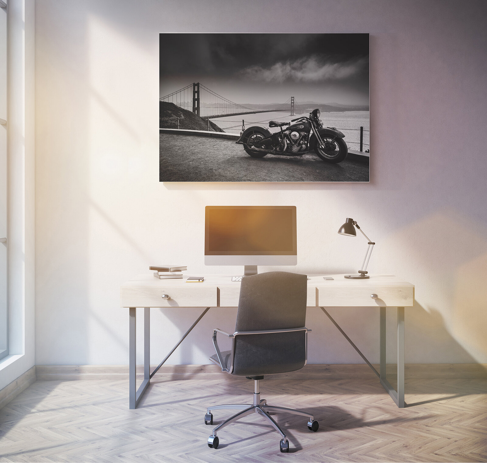 Постер/картина на пластике "Мотоцикл и мост" 70х50см.