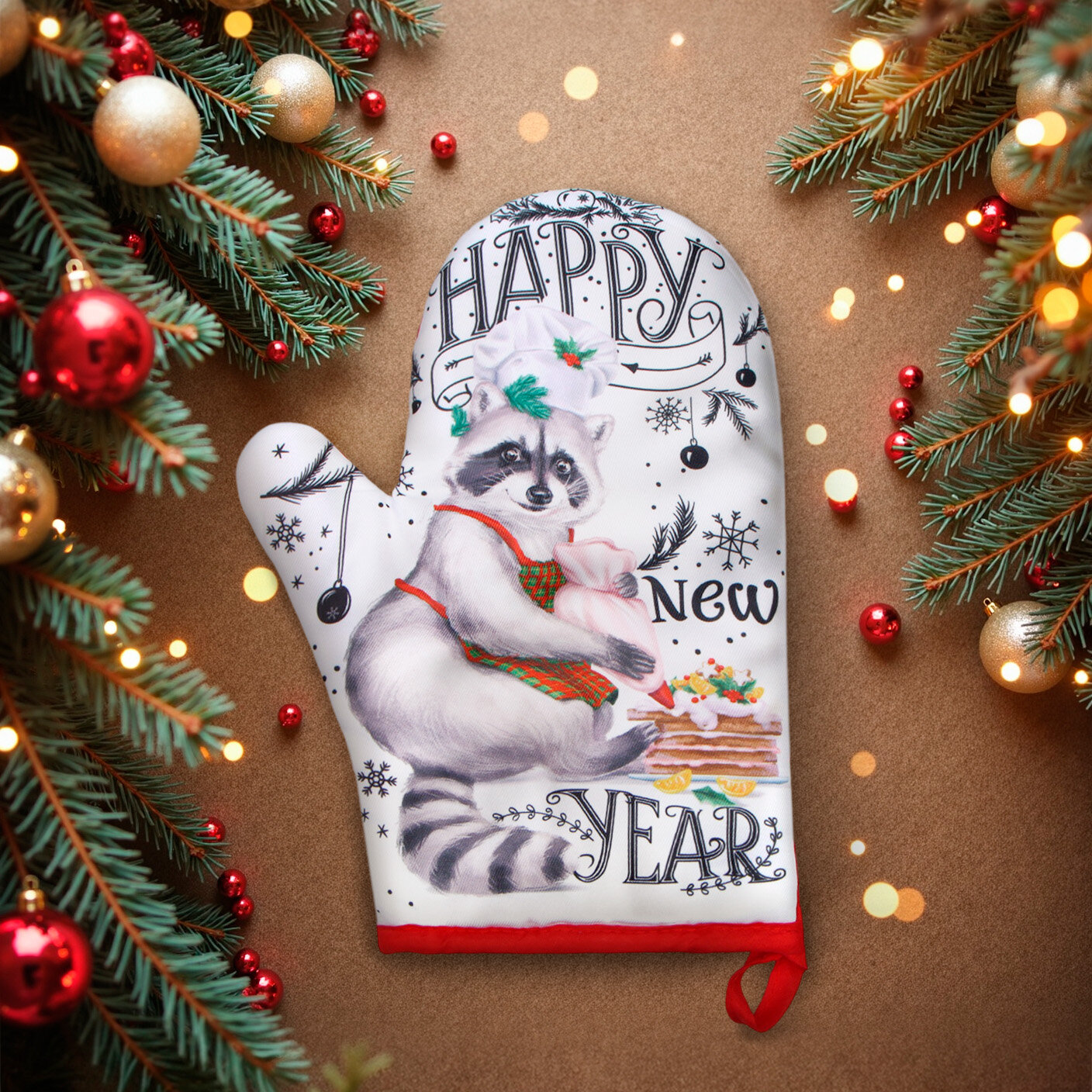 Новый год. Варежка-прихватка "Happy new year" 20х27см100% п/э