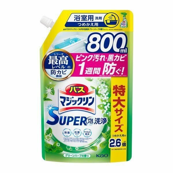 KAO Bath Magiclean Green Herb Чистящее средство для ванной комнаты с антибактериальным эффектом, с ароматом трав, мягкая упаковка с крышкой 800 мл