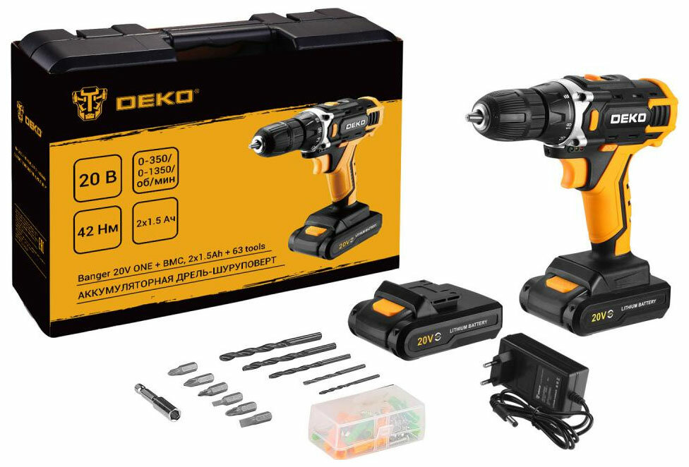 Дрель-шуруповерт Deko Banger 20V ONE + в кейсе + набор 63 инструмента для дома, 20В, 2х1.5Ач, черно-желтый