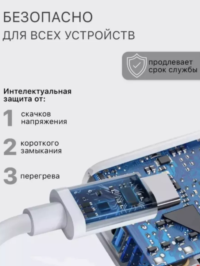 Быстрое зарядное устройство 35 W для iPhone 15 и 16, iPad, AirPods и Android с кабелем USB Type C-USB Type C/Белый — фото 1