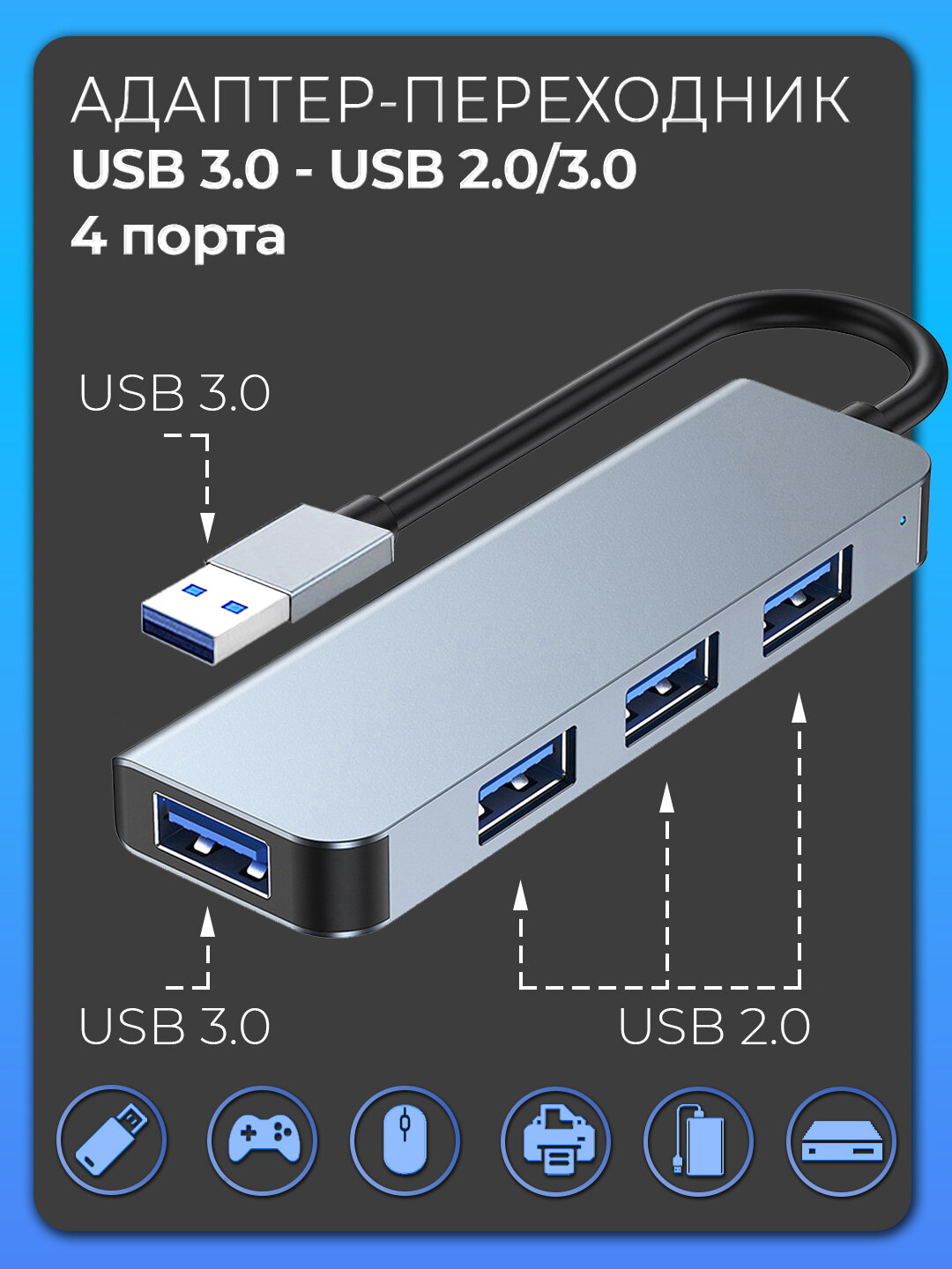 Переходник 4в1, USB 3.0 - USB 3.0/USB 2.0*3, 95x30x10 мм, серый металлик