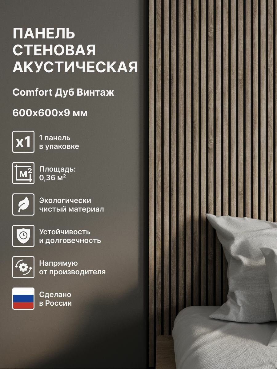 Панель стеновая с рейками акустическая с 3D эффектом для стен кухни и комнаты; Коллекция: Standart Comfort Цвет: Дуб Винтаж 600х600х9 мм (упаковка 1 штука)