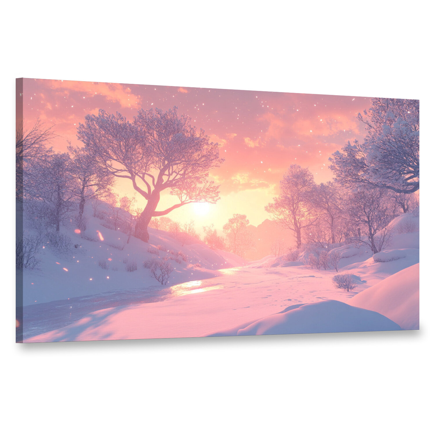 Картина на холсте интерьерная 100х60 см снег рассвет утренние лучи розовые отблески пейзаж безмятежность