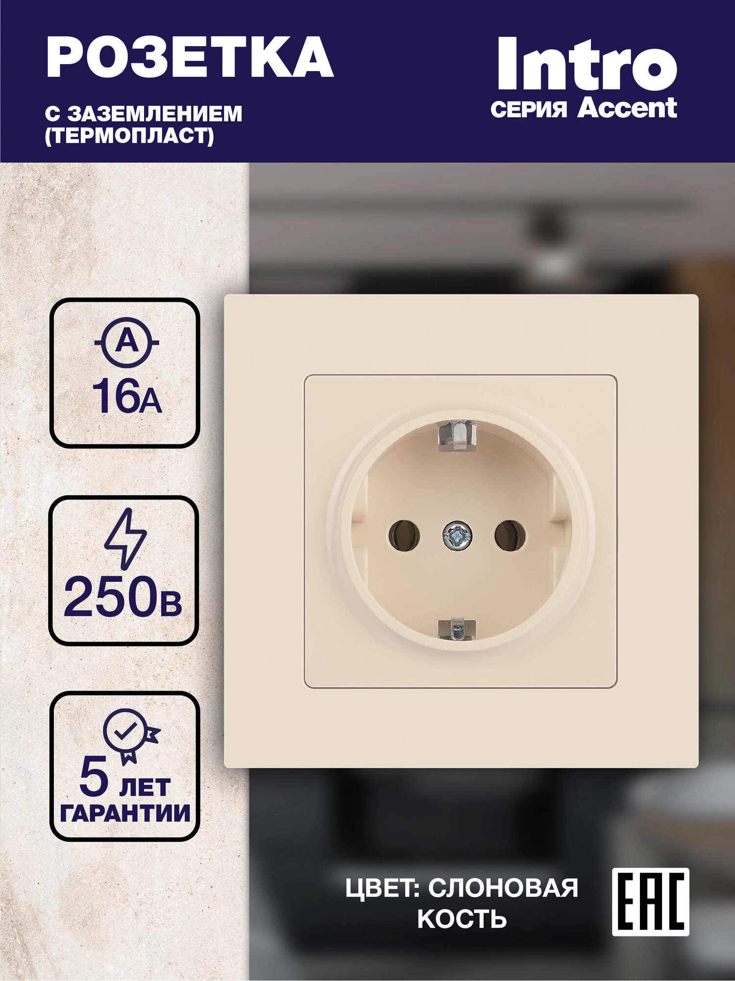 Розетка одинарная с заземлением Intro Accent 6М-202-02 слоновая кость