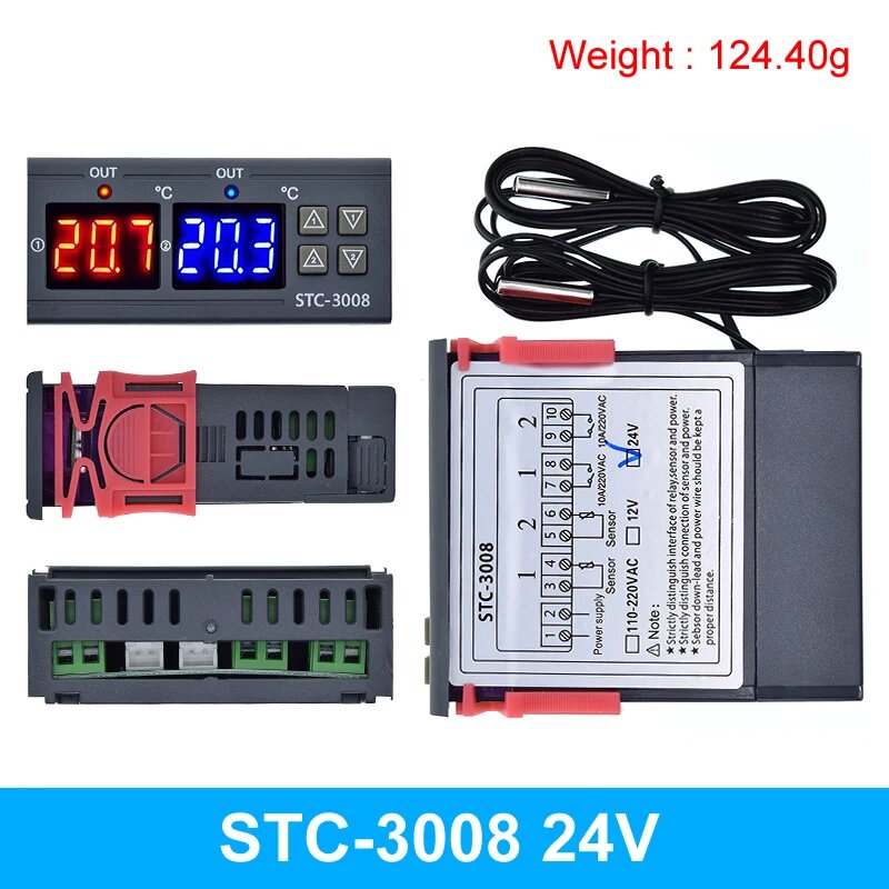 STC-3008 двойной цифровой регулятор температуры, два релейных выхода, термостат, нагреватель с зондом, 12 В, 24 В, 220 В, домашний холодильник, холодное тепло, 24V
