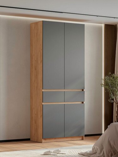 Изображение товара Распашной шкаф для одежды и хранения вещей Багира с полками, с ящиками, со штангой для одежды, 100.2х51х238.4 см, Крафт / Графит