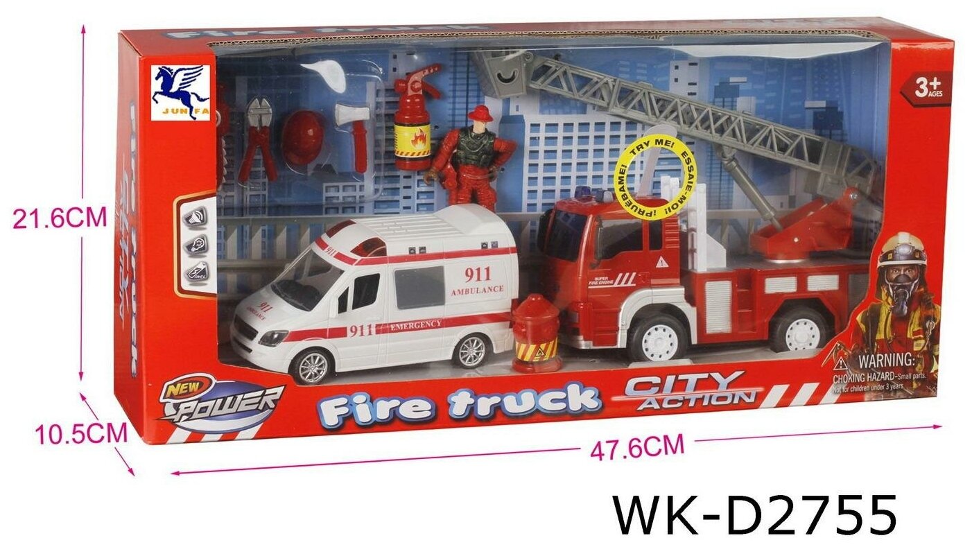 Игровой набор Junfa Служба спасения (пожарная машина, скорая помощь, фигурка пожарного, аксессуары), со световыми и звуковыми эффектами, в коробке 9930A