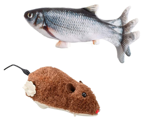 Интерактивная рыбка рыба для кошек собак с виляющим подвижным хвостом дразнилка кусалка для животных + заводная мышь мышка - фотография № 1