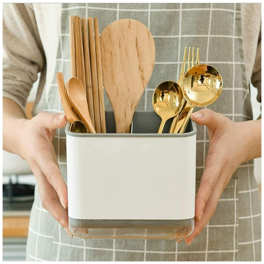 Подставка для столовых приборов, ножей, ложек / Органайзер для кухни для губки и щетки / Сушилка для посуды настольная. — фото 1
