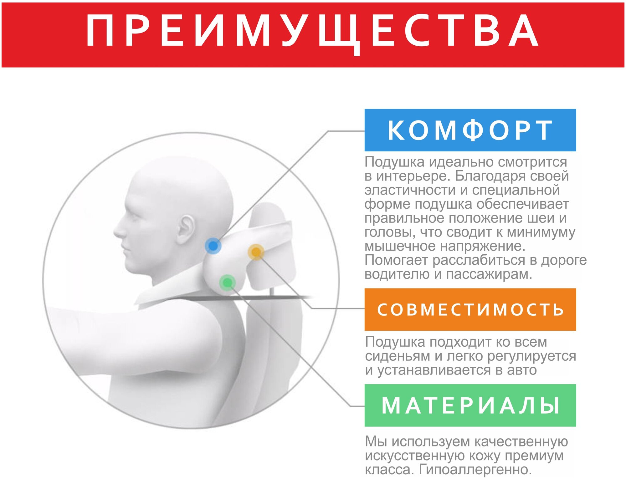 Оранжевая автомобильная ортопедическая подушка для шеи на подголовник на сиденье. Экокожа премиум класса.